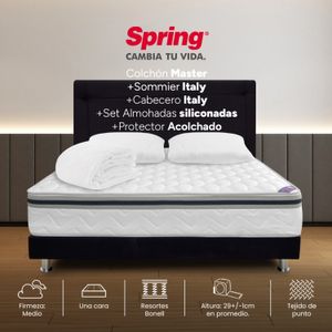 Combo Spring Master 140 x 190 cm / Colchón Doble + Almohadas + Protector de Colchón+ Base cama negra + Cabecero