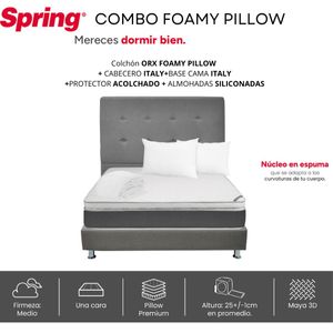 Combo Spring Ortorelax Foamy Pillow Semidoble 120 x 190 cm / Colchón + Almohadas + Base cama gris + Cabecero gris + Protector
